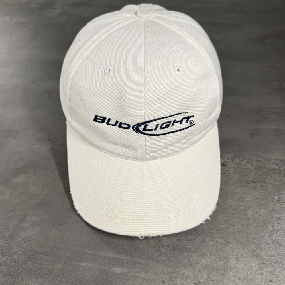 Vintage Bud‎ Light Beer Hat White Blue 2000s Y2K Thrashed Distressed Low Profile